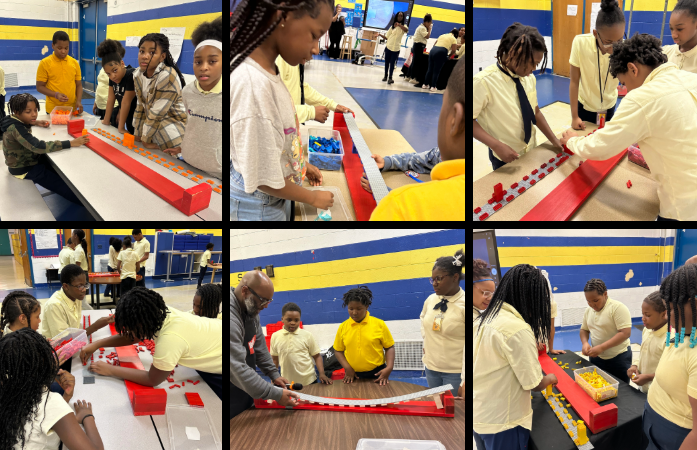 collage of pictures of groups of students working on building a bridge out of lego bricks